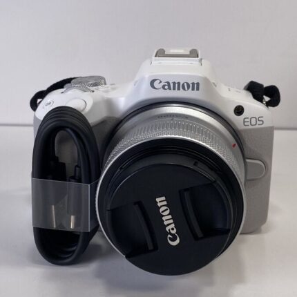 White Canon EOS R50 4K Video Mirrorless Camera with RF-S 18-45mm f/4.5-6.3